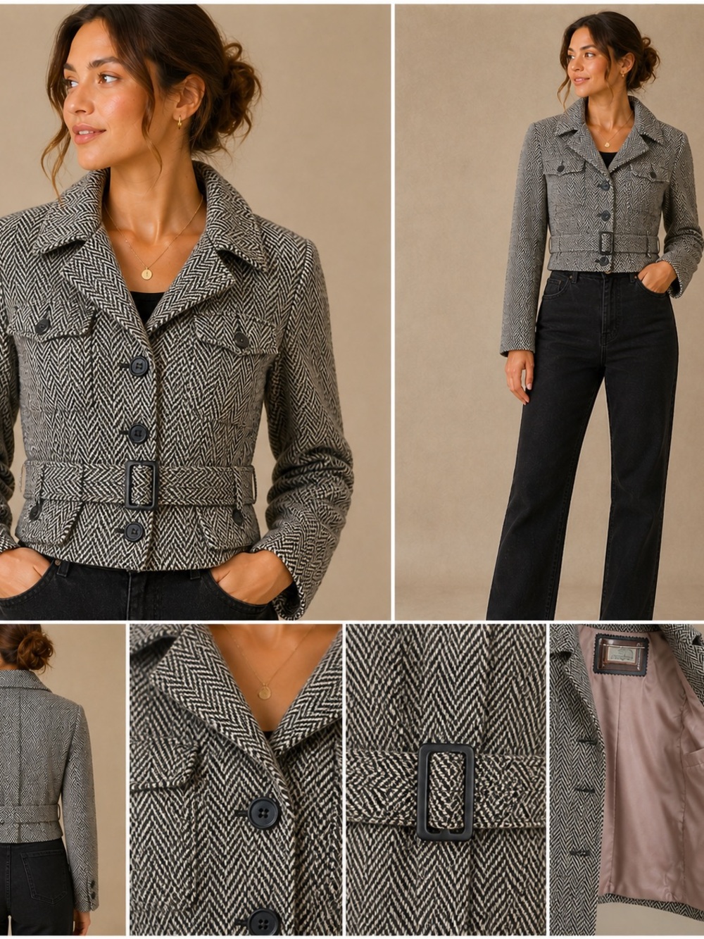 FoxRun Vintage Wool Tweed Chevron Belted Jacket Beige Black Size Medium